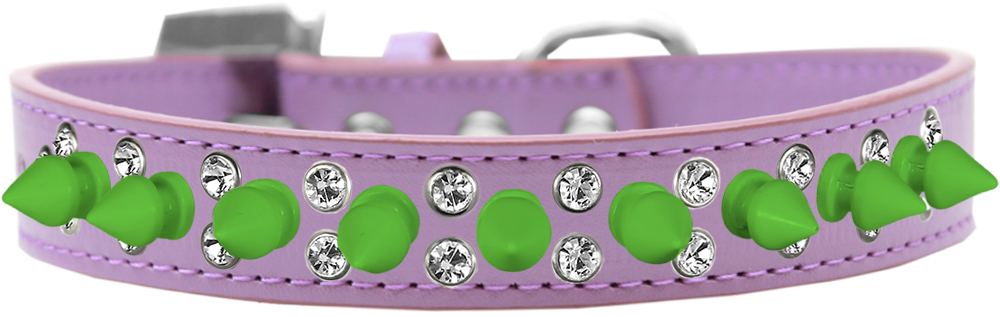 Double Crystal and Neon Green Spikes Dog Collar Lavender Size 12